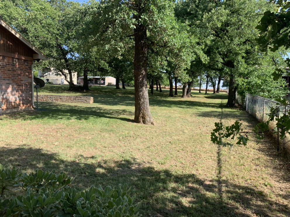 Under-canopy lawn care work with raised tree canopies on shaded residential lot