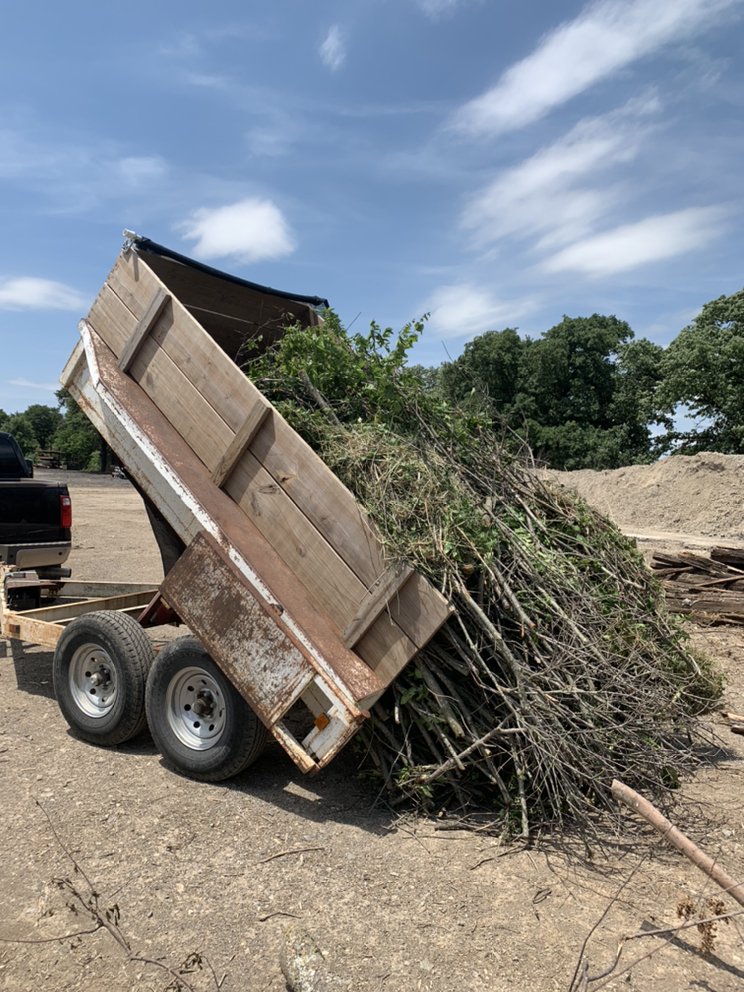 Yard Sharks dump trailer dumping storm debris and brush at clearing site